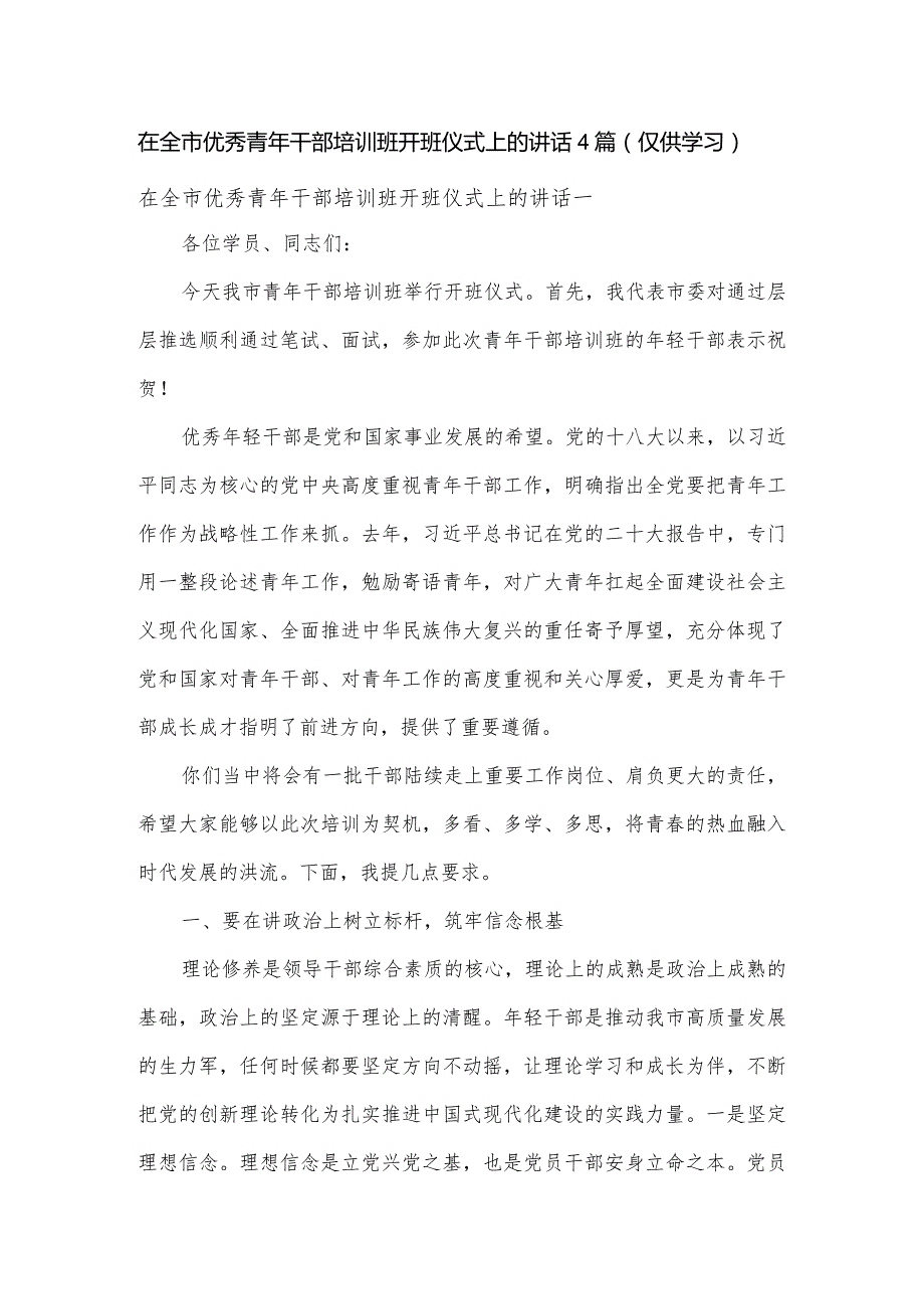 在全市优秀青年干部培训班开班仪式上的讲话4篇.docx_第1页