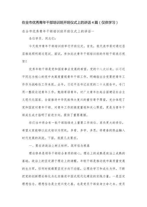 在全市优秀青年干部培训班开班仪式上的讲话4篇.docx