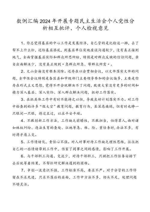 数例汇编2024年开展专题民主生活会个人党性分析相互批评、个人检视意见.docx