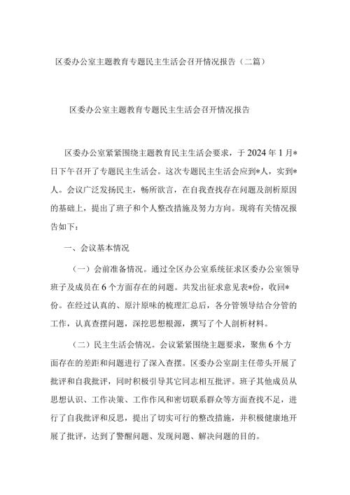 区委办公室主题教育专题民主生活会召开情况报告(二篇).docx