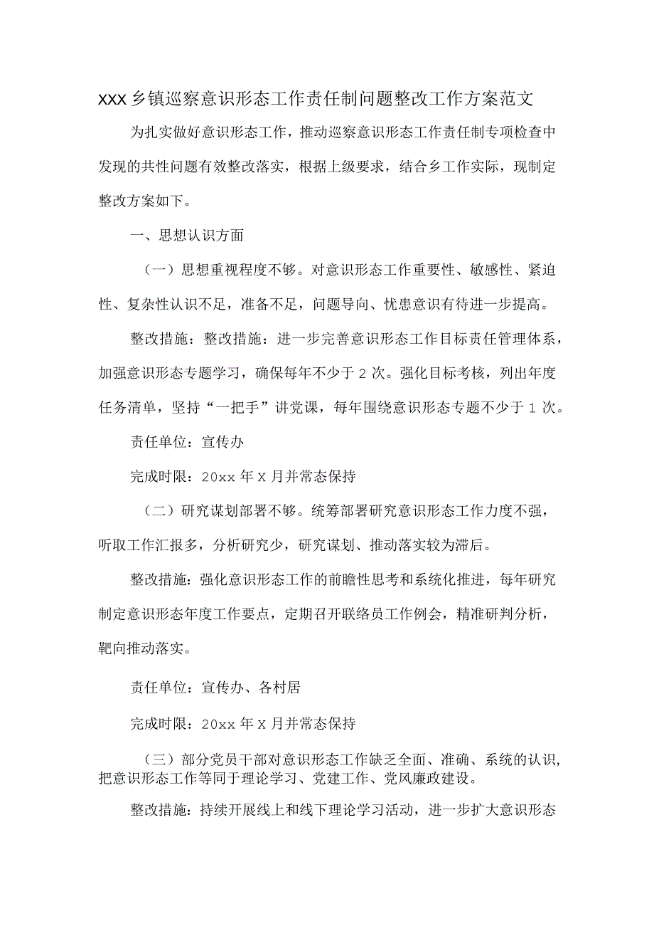 XXX乡镇巡察意识形态工作责任制问题整改工作方案范文.docx_第1页
