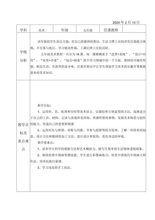 教学计划（素材）20232024人教版（）美术五年级下册.docx