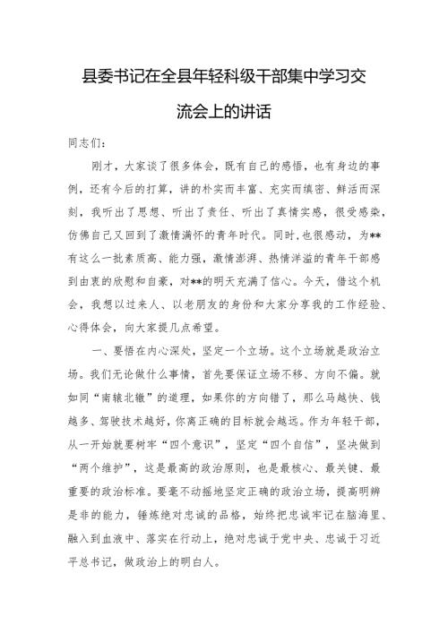 县委书记在全县年轻科级干部集中学习交流会上的讲话.docx