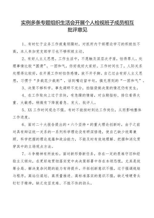 实例多条专题组织生活会开展个人检视班子成员相互批评意见.docx