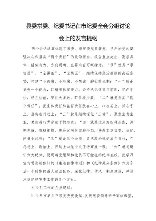 县委常委、纪委书记在市纪委全会分组讨论会上的发言提纲.docx