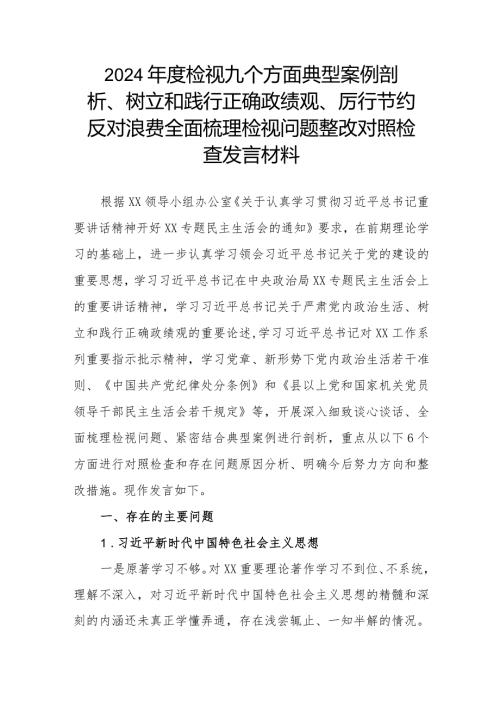 2024检视九个方面典型案例剖析、树立和践行正确政绩观、厉行节约反对浪费全面梳理检视问题整改对照检查发言材料.docx