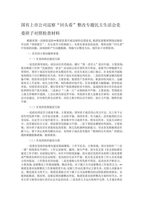 国有上市公司巡察“回头看”整改专题民主生活会党委班子对照检查材料.docx