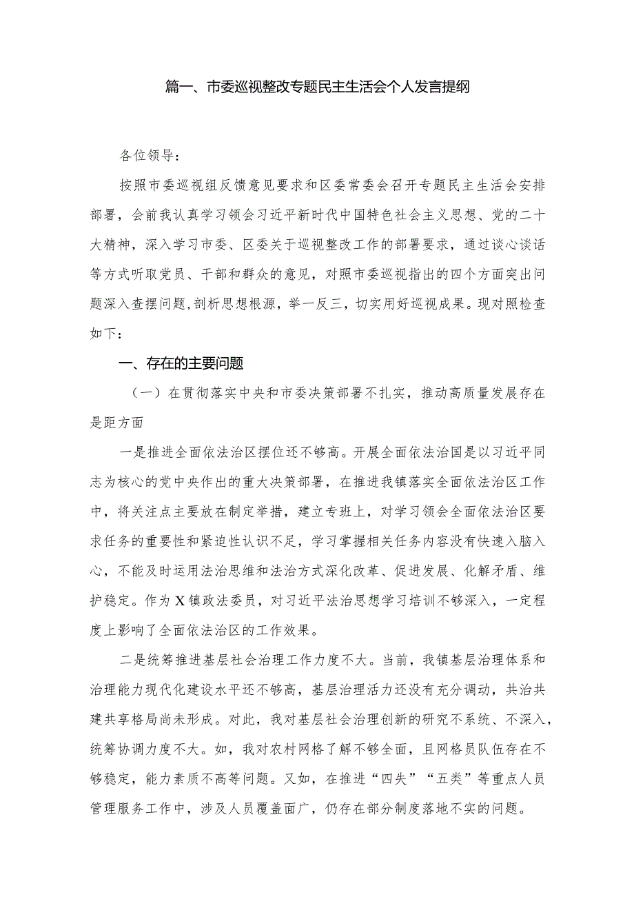 市委巡视整改专题民主生活会个人发言提纲（共14篇）.docx_第2页