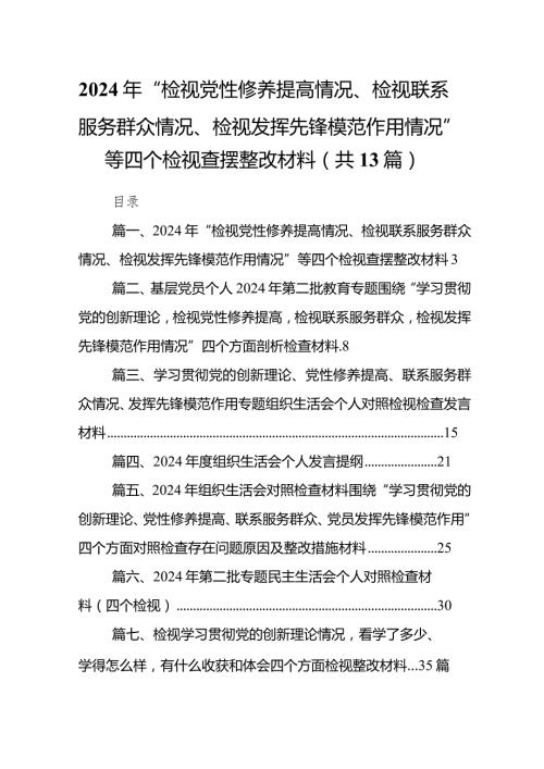 2024年“检视党性修养提高情况、检视联系服务群众情况、检视发挥先锋模范作用情况”等四个检视查摆整改材料1(13篇合集）.docx