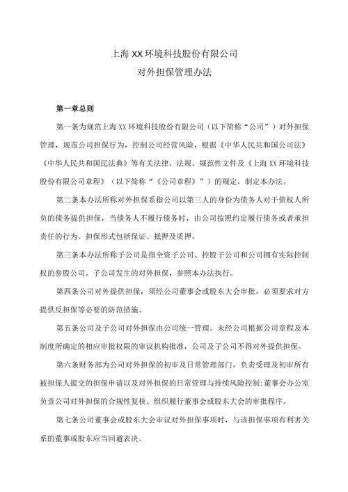 上海XX环境科技股份有限公司对外担保管理办法（2024年）.docx