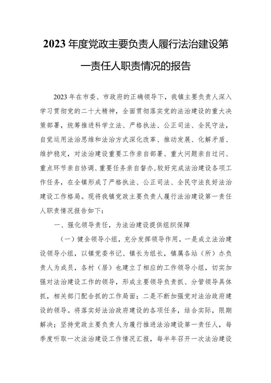 2023党政主要负责人履行法治建设第一责任人职责情况的报告.docx_第1页