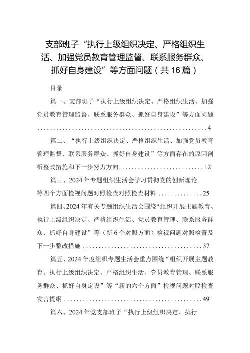 支部班子“执行上级组织决定、严格组织生活、加强党员教育管理监督、联系服务群众、抓好自身建设”等方面问题（参考资料16篇）.docx