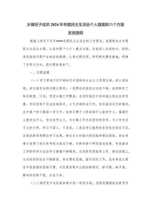 乡镇班子成员2024年专题民主生活会个人查摆新六个方面发言提纲.docx