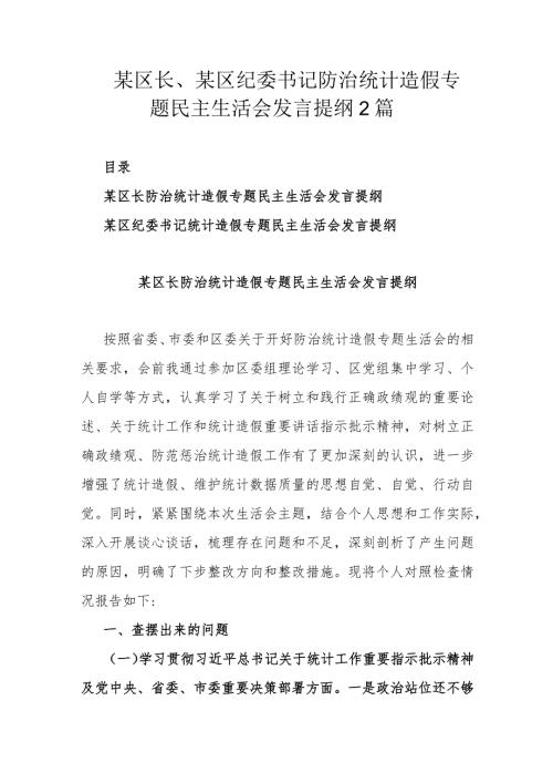 某区长、某区纪委书记防治统计造假专题民主生活会发言提纲2篇.docx