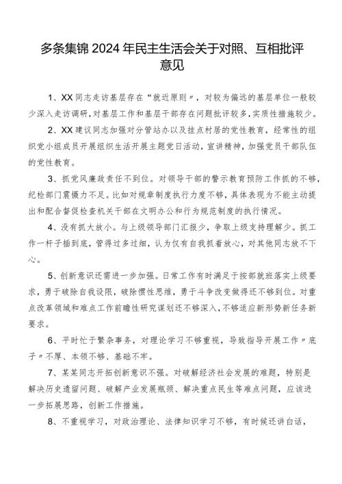 多条集锦2024年民主生活会关于对照、互相批评意见.docx