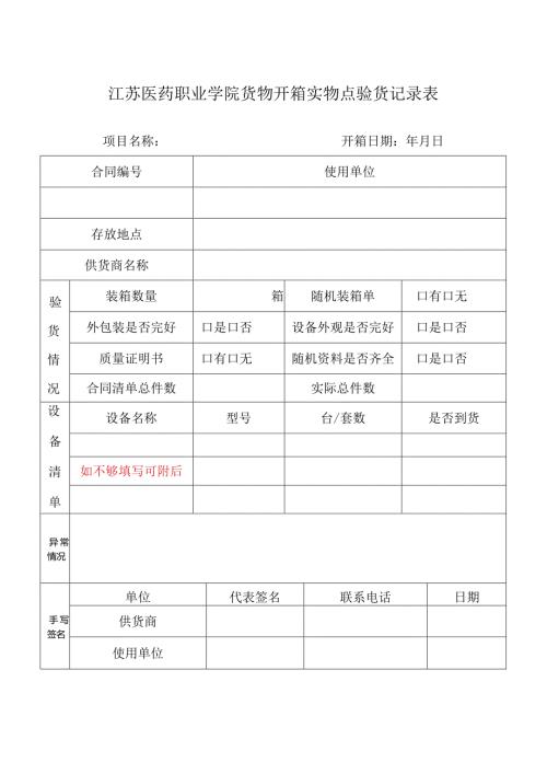 江苏医药职业学院货物开箱实物点验货记录表.docx