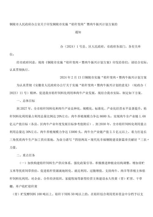 铜陵市人民政府办公室关于印发铜陵市实施“秸秆变肉”暨肉牛振兴计划方案的通知.docx