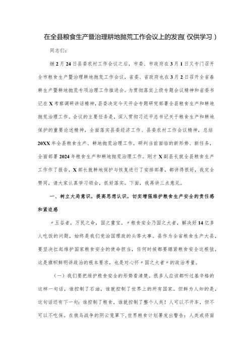 在全县粮食生产暨治理耕地抛荒工作会议上的发言.docx