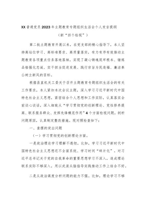 XX普通党员2023年主题教育专题组织生活会个人发言提纲（新“四个检视”）.docx