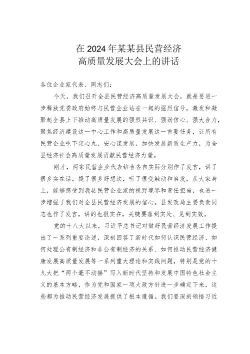 在2024年某某县民营经济高质量发展大会上的讲话.docx