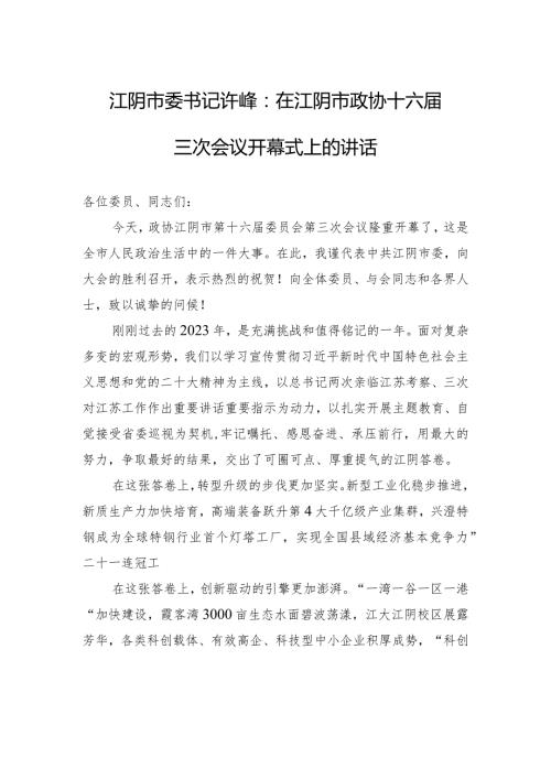 江阴市委书记许峰：在江阴市政协十六三次会议开幕式上的讲话.docx