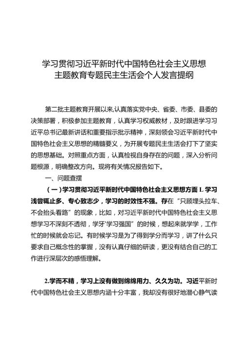 学习贯彻主题教育专题民主生活会个人发言提纲.docx