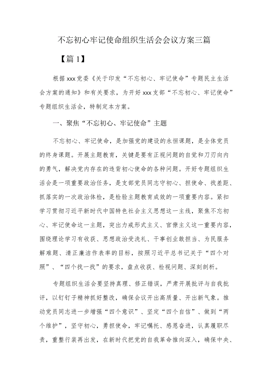 不忘初心牢记使命组织生活会会议方案三篇.docx_第1页
