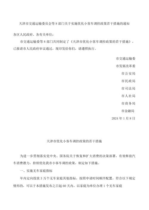 天津市交通运输委员会等8部门关于实施优化小客车调控政策若干措施的通知.docx