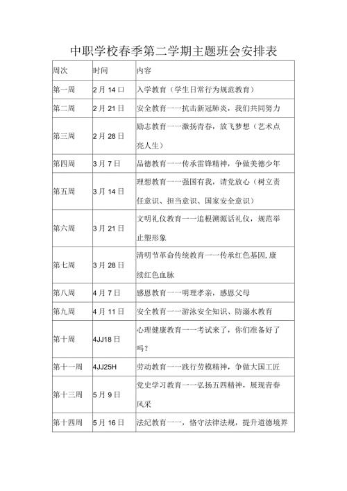 中职学校季第二学期主题班会安排表.docx