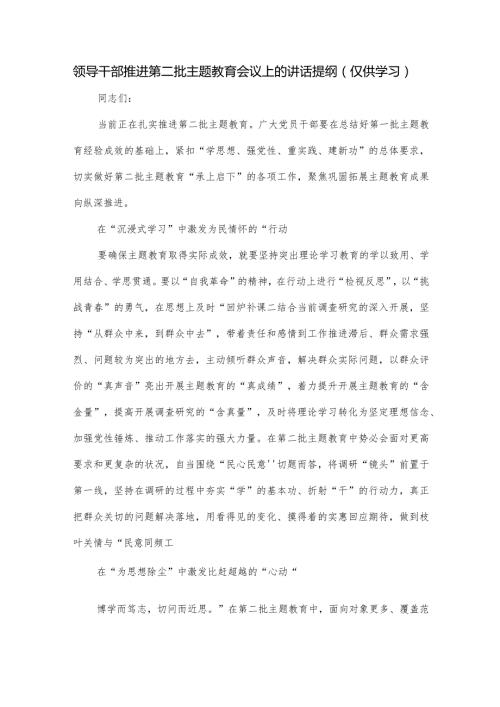 领导干部推进第二批主题教育会议上的讲话提纲.docx