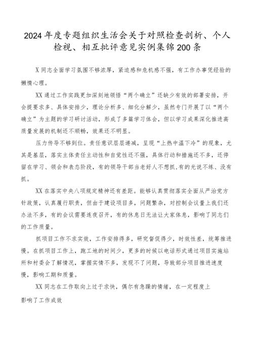 2024专题组织生活会关于对照检查剖析、个人检视、相互批评意见实例集锦200条.docx