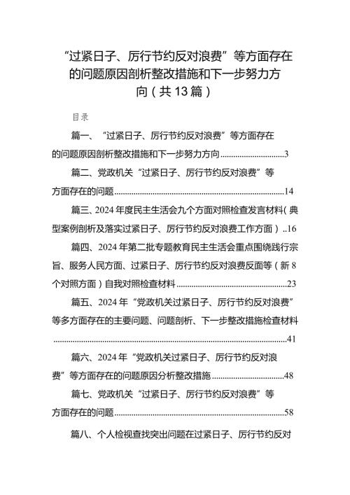 2024“过紧日子、厉行节约反对浪费”等方面存在的问题原因剖析整改措施和下一步努力方向13篇供参考.docx