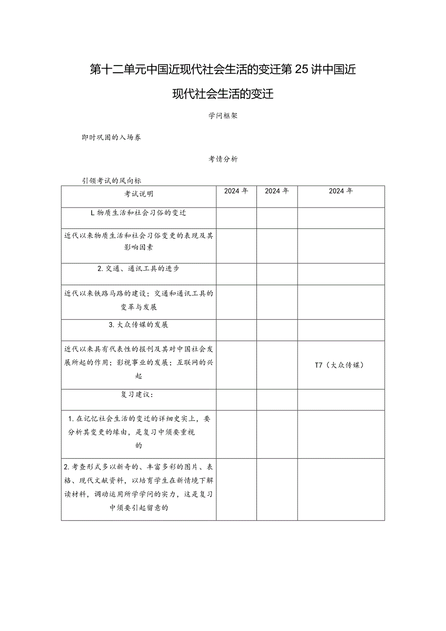 2024一轮复习人教版（江苏专用）：第25讲中国近现代社会生活的变迁（学案）.docx_第1页
