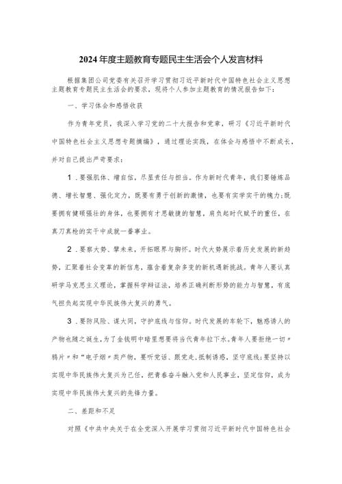 2024主题教育专题民主生活会个人发言材料.docx