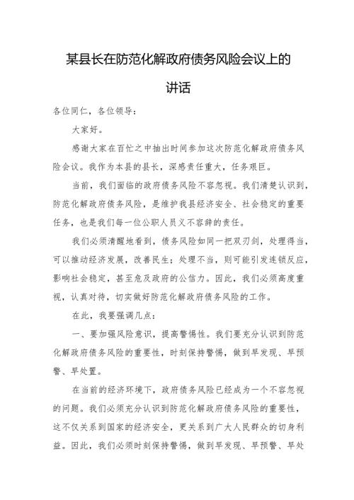 某县长在防范化解政府债务风险会议上的讲话.docx