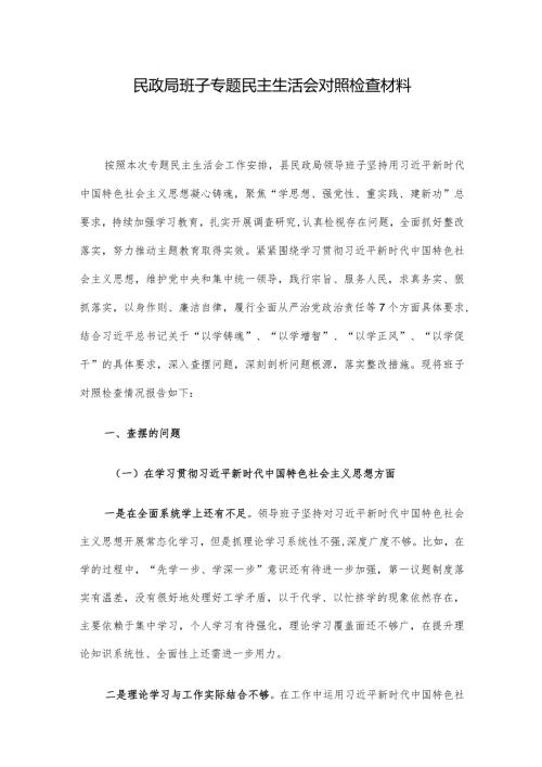 民政局班子专题民主生活会对照检查材料.docx