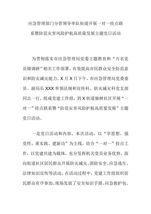 应急管理部门分管领导率队街道开展一对一挂点联系暨防范灾害风险护航高质量发展主题党日活动.docx