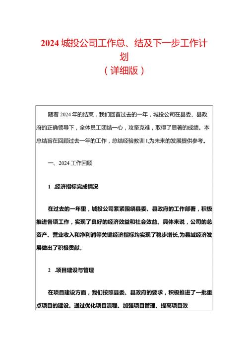 2024城投公司工作总结及下一步工作计划（详细版）.docx