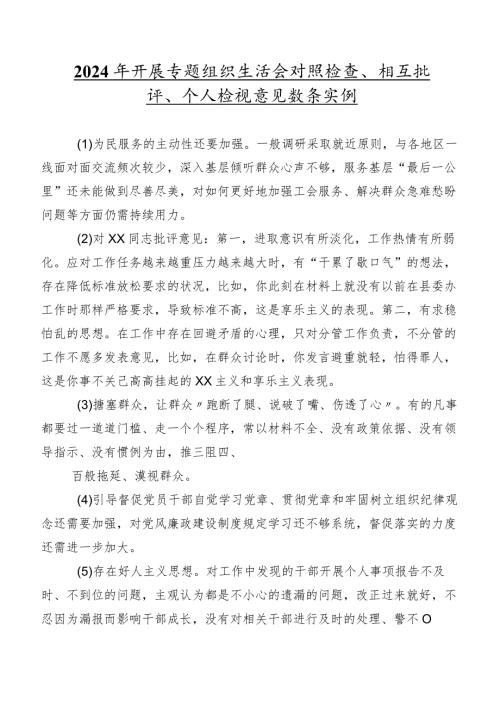 2024年开展专题组织生活会对照检查、相互批评、个人检视意见数条实例.docx