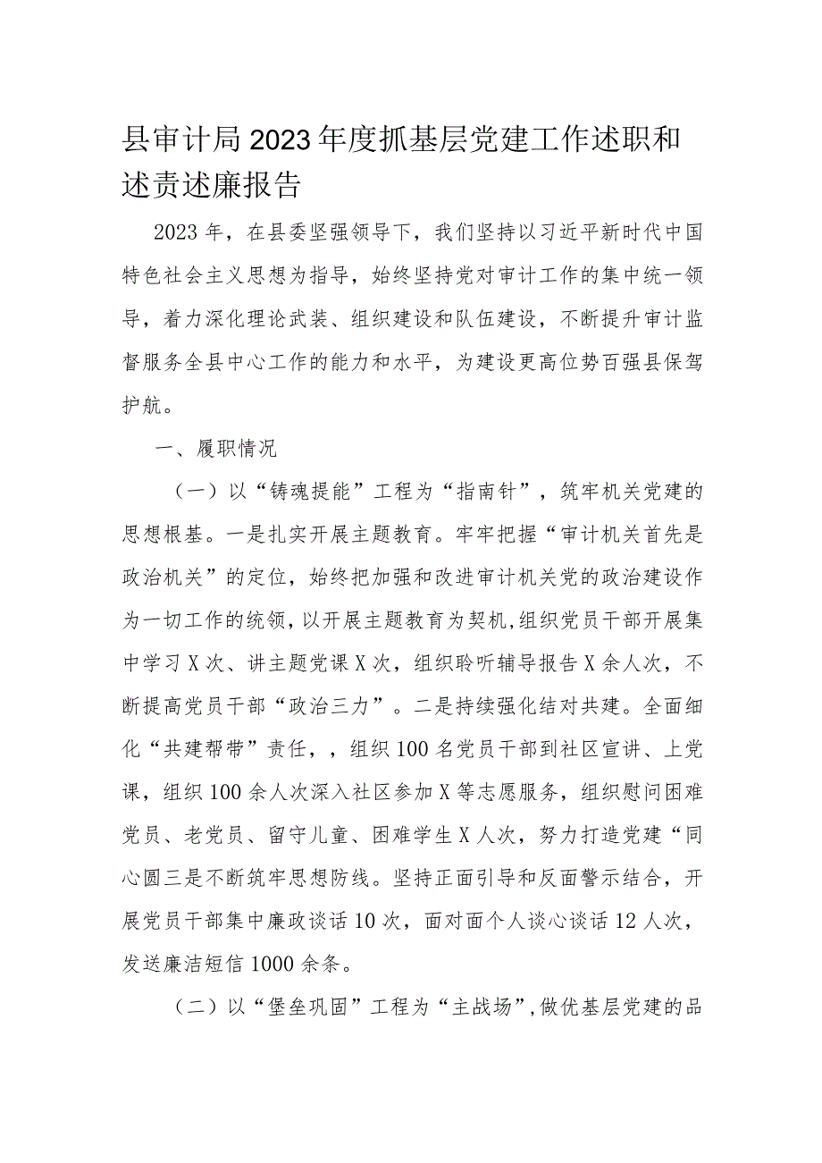 县审计局2023抓基层党建工作述职和述责述廉报告.docx_第1页