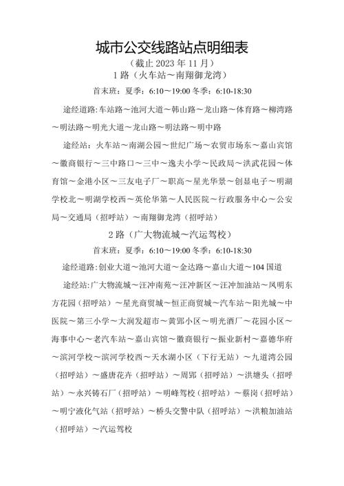 城市公交线路站点明细表截止2023年11月1路火车站～南翔御龙湾.docx