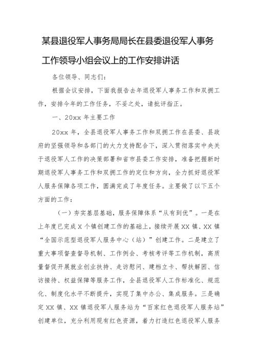 某县退役军人事务局局长在县委退役军人事务工作领导小组会议上的工作安排讲话.docx