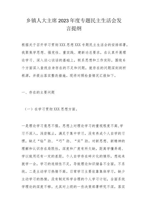 乡镇人大主席2023专题民主生活会发言提纲.docx
