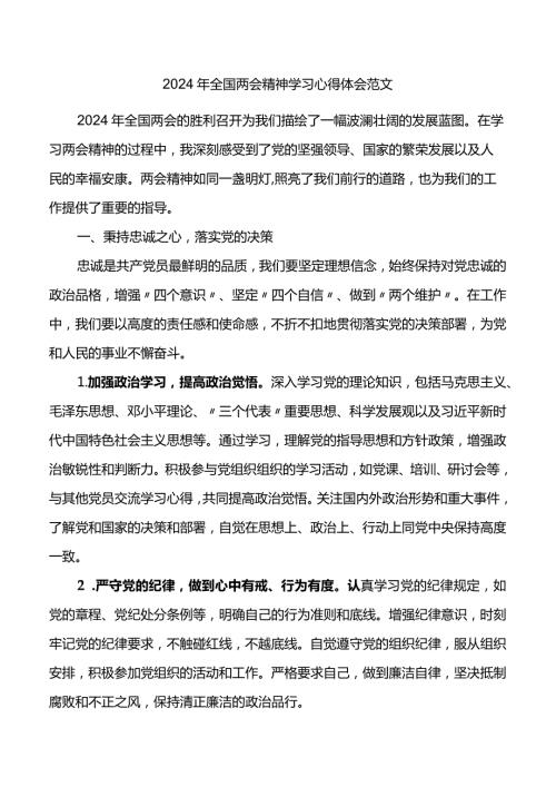 2024年全国两会精神学习心得体会范文研讨发言材料.docx