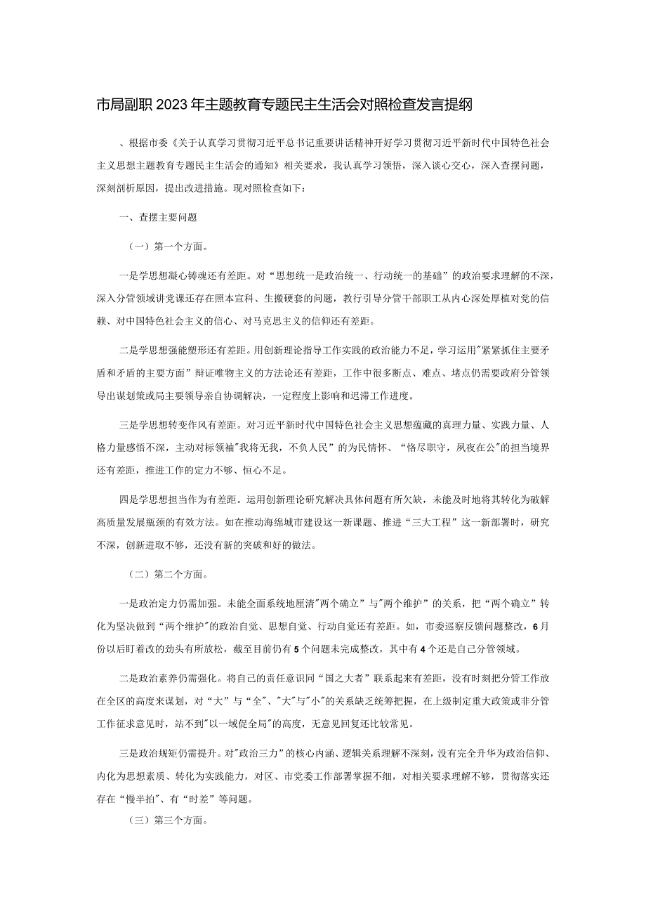 市局副职2023年主题教育专题民主生活会对照检查发言提纲(1).docx_第1页
