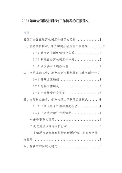 2023全面推进河长制工作情况的汇报范文.docx