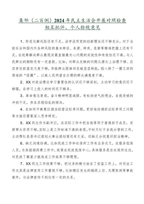 集锦（二百例）2024年民主生活会开展对照检查相互批评、个人检视意见.docx