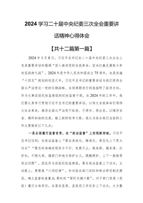 （12篇）2024学习二十中央纪委三次全会重要讲话精神心得体会.docx