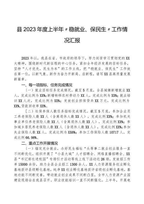 县2023上半年“稳就业、保民生”工作情况汇报.docx