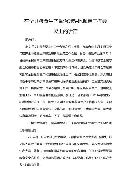 在全县粮食生产暨治理耕地抛荒工作会议上的讲话(2).docx
